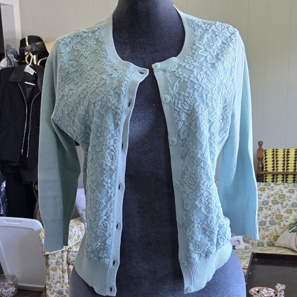Van Heusen Women's Cardigan with Lace - Light Blue - Picture 1 of 7